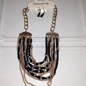 Multi-Strand Black & Gold Statement Necklace & Jewelry Set